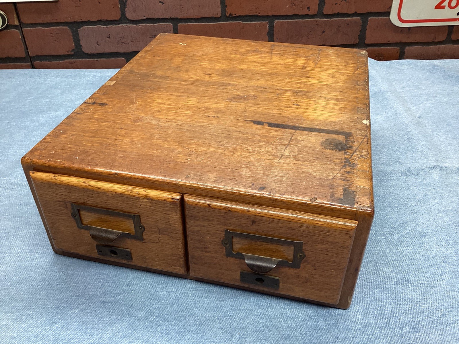 Vintage 2 Drawer Oak Card File 13-1/4” x 15” x 5-1/4” Nice ! L👀K !