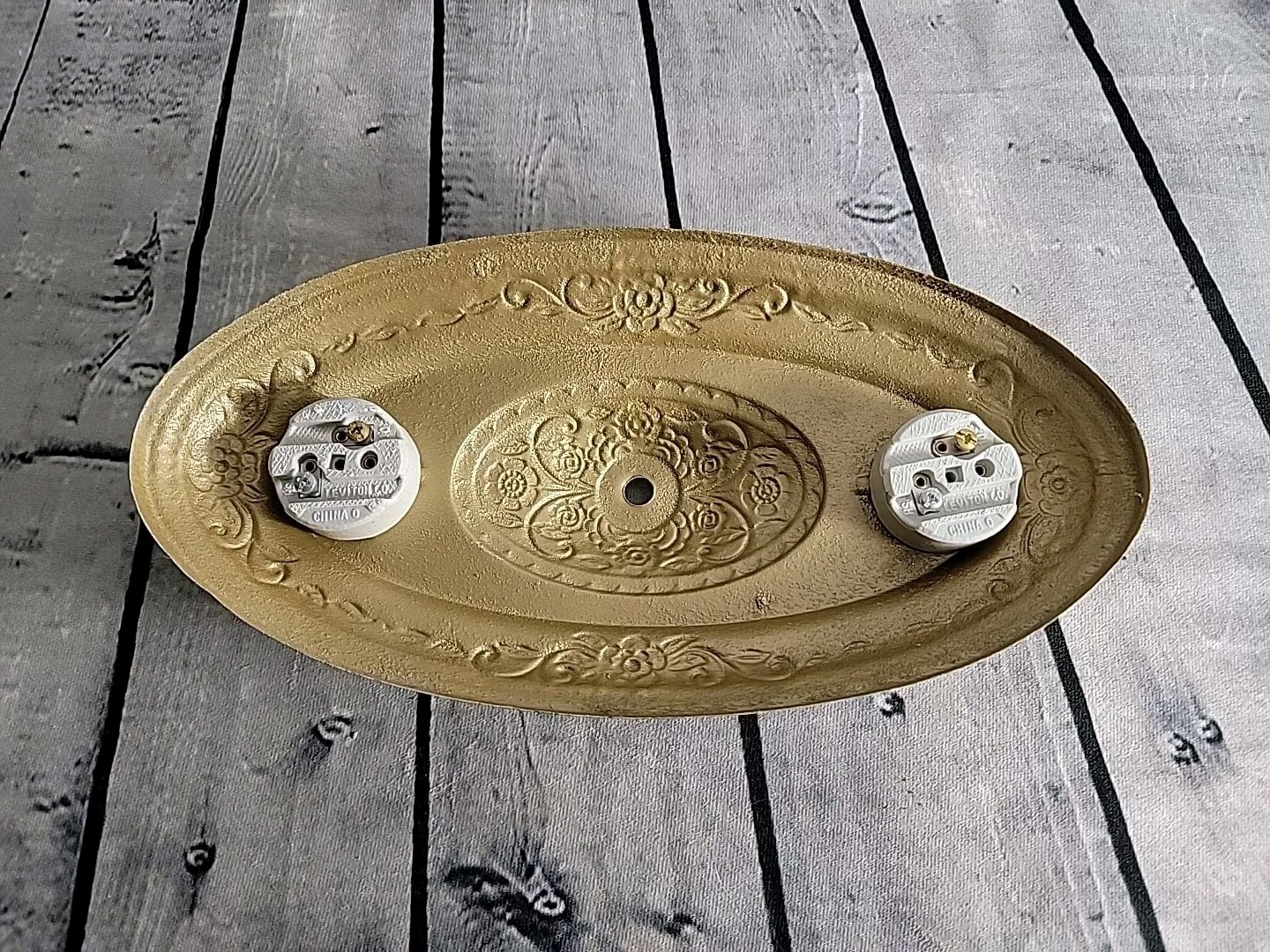 Antique Partially Restored 2 Bulb Flush Mount Metal Embossed Light Fixture