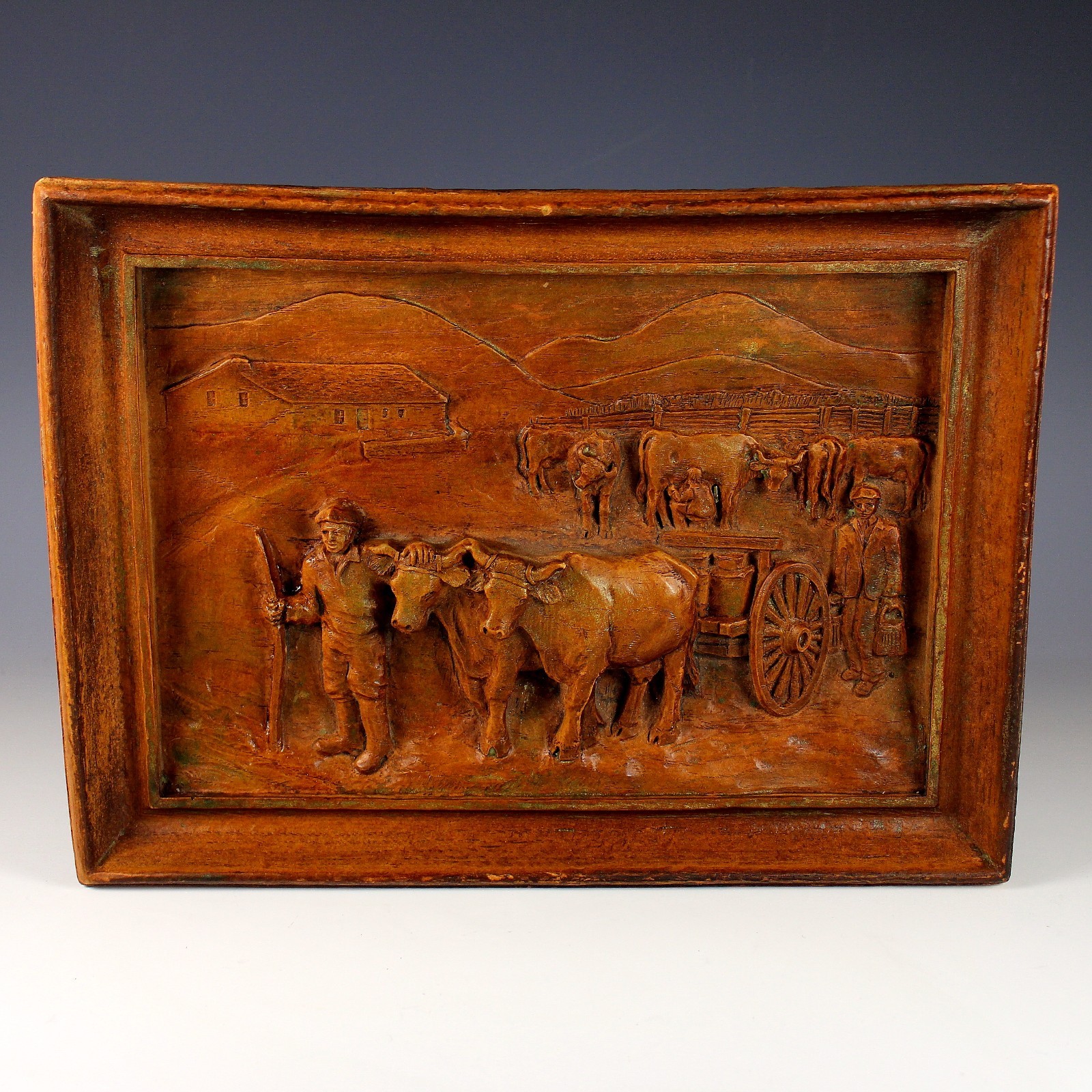 Spectacular Antique French Hand-Carved Wood Relief Sculpture Oxen and Cart