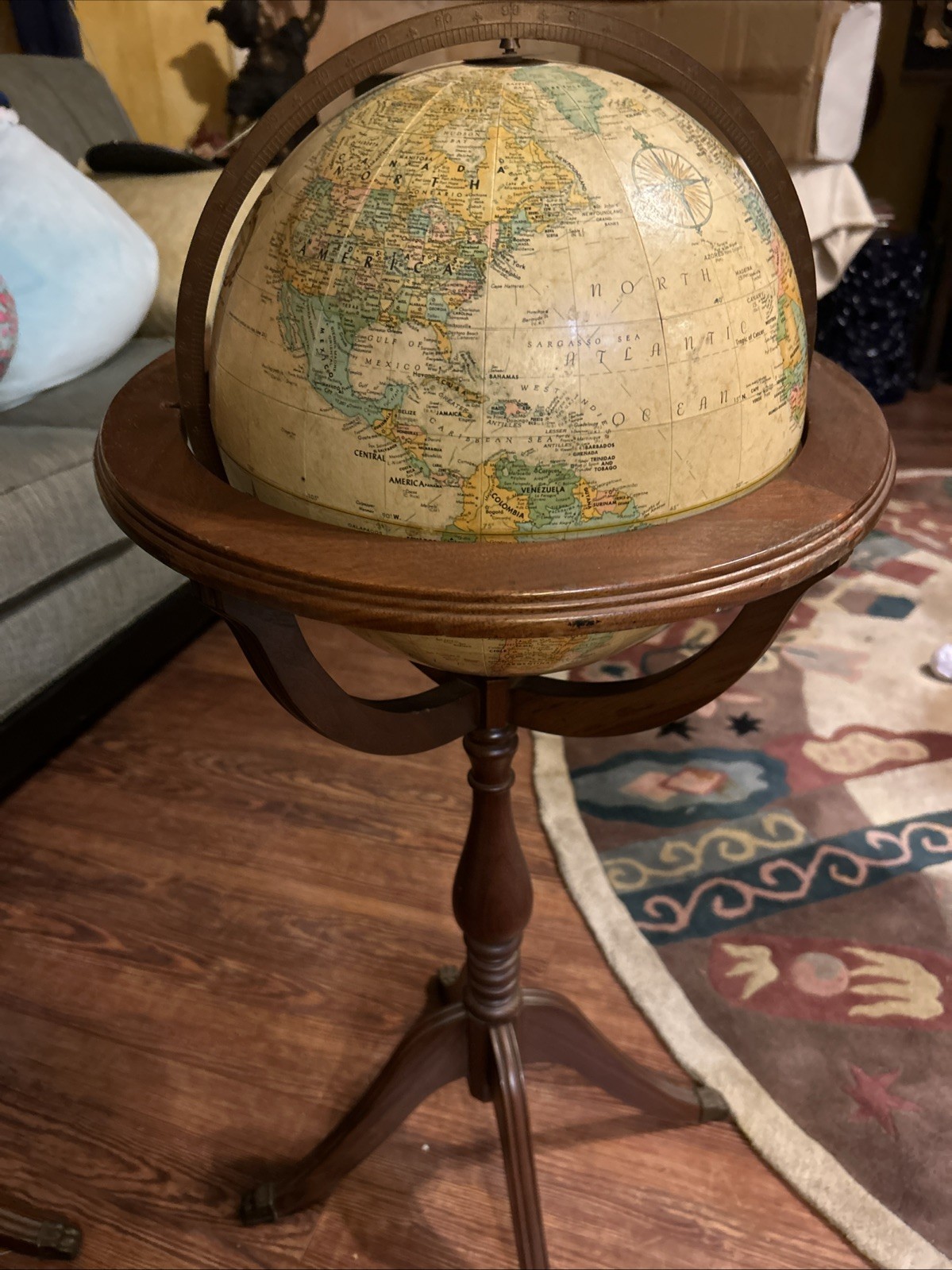 Vintage 1993 Replogle 12” Floor Globe on Wood Stand-stand leans-screw stripped