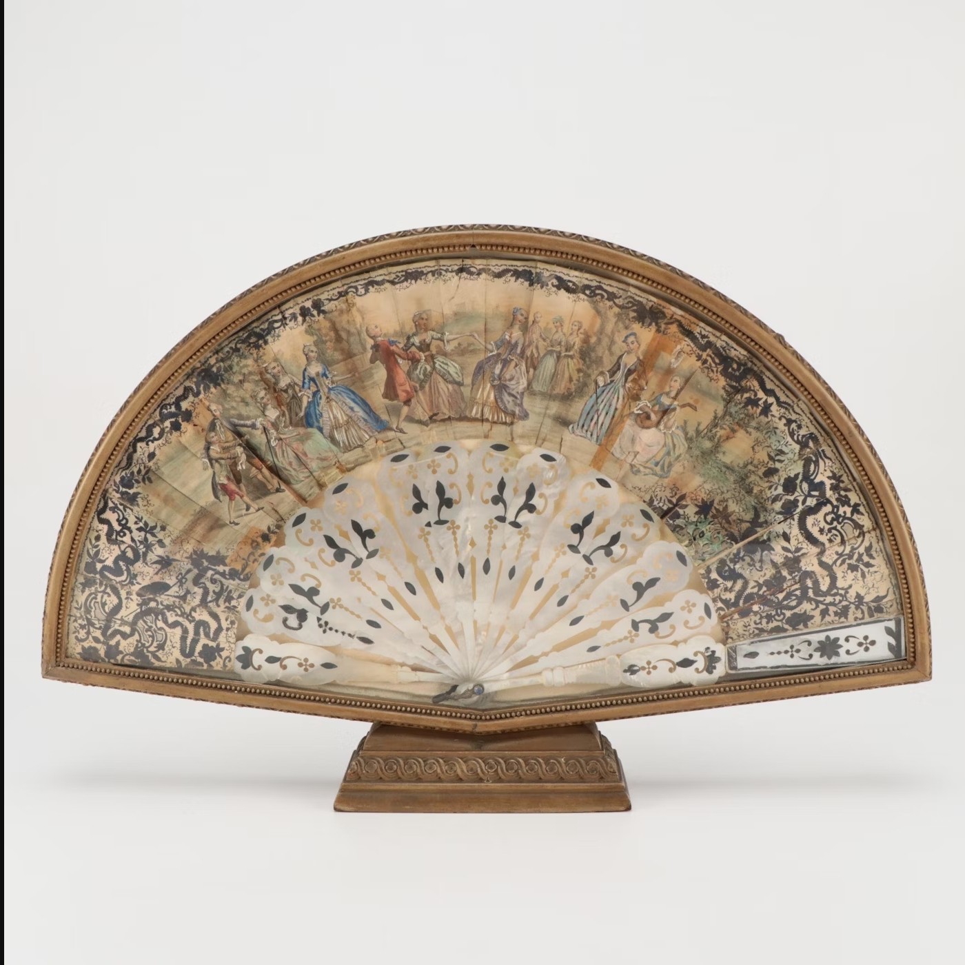 Antique 18th C Mother of Pearl Folding Fan Hand Painted Court Scene