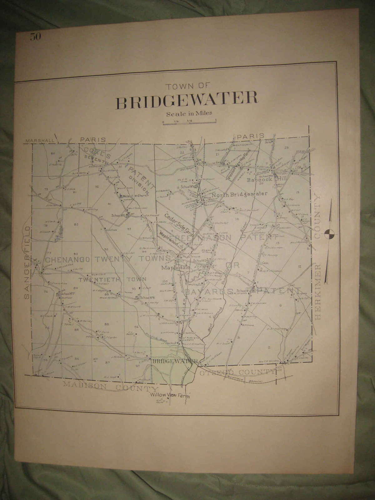 ANTIQUE 1907 BRIDGEWATER MAPLEDALE ONEIDA COUNTY NEW YORK HANDCOLORED MAP NR