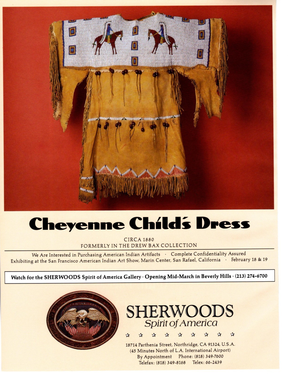 1989 AMERICAN INDIAN CHEYENNE CHILD DRESS EXHIBIT AD SHERWOODS GALLERY, PRINT AD