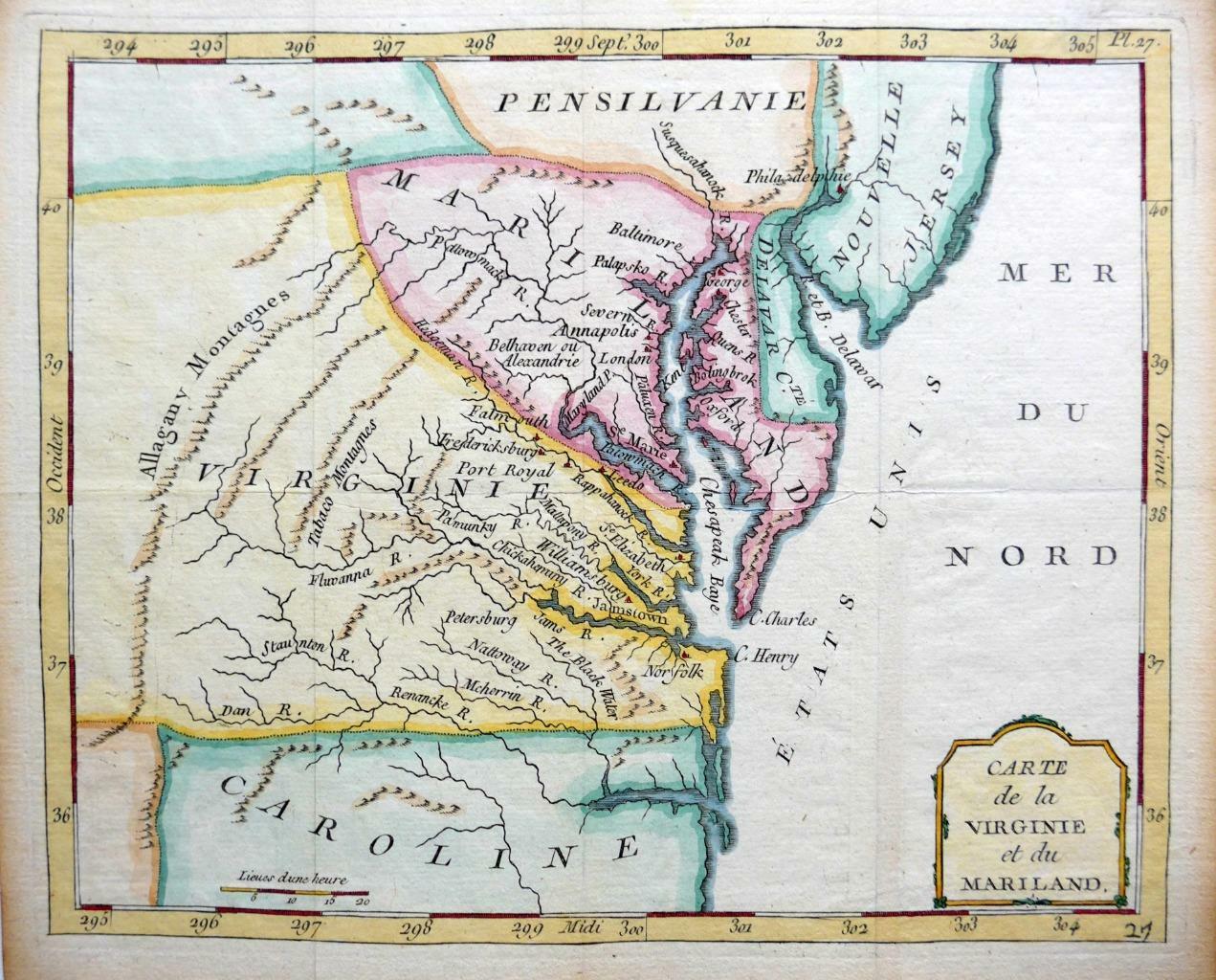 AMERICA VIRGINIA MARYLAND BY DE LAPORTE c1786 SCARCE GENUINE ANTIQUE MAP