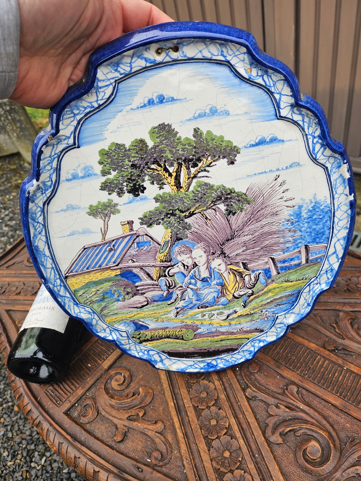 Antique 18thc Polychrome delft glazed earthenware wall plaque romantic decor