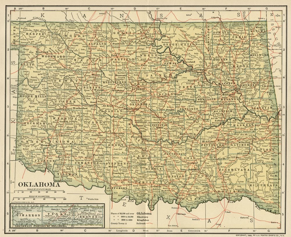 OKLAHOMA Map: Authentic 1908 (dated) with Counties Towns Topography Railroads
