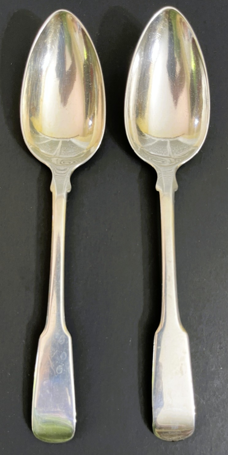 2 Antique Silver Plate Fiddle Handle Serving Spoons 9″