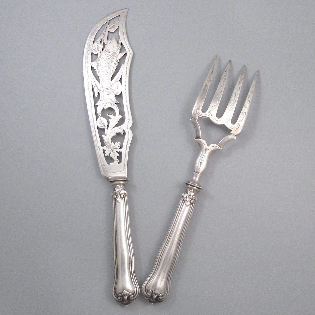 Antique French Silver Plated Fish Serving Set, Fork and Knife