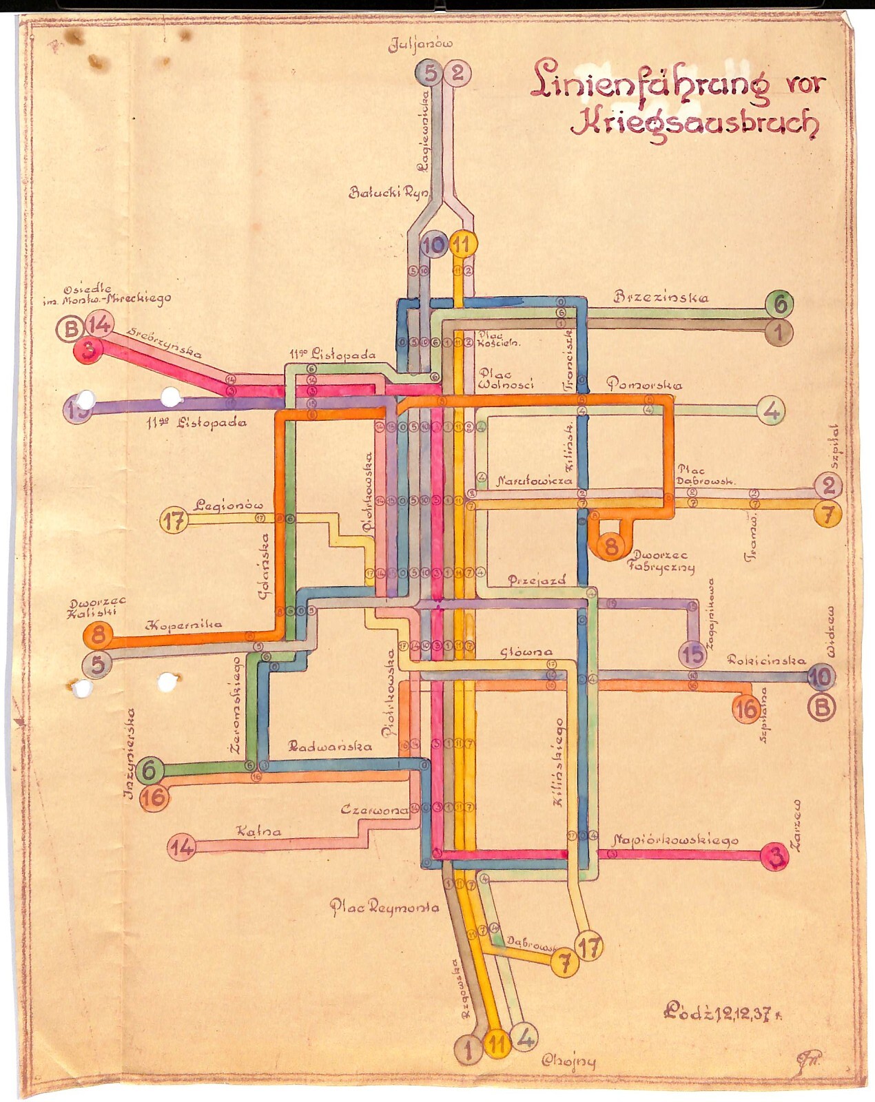 Antique map, Manuscript topological map of tramway system in Lodz, Poland, 1937