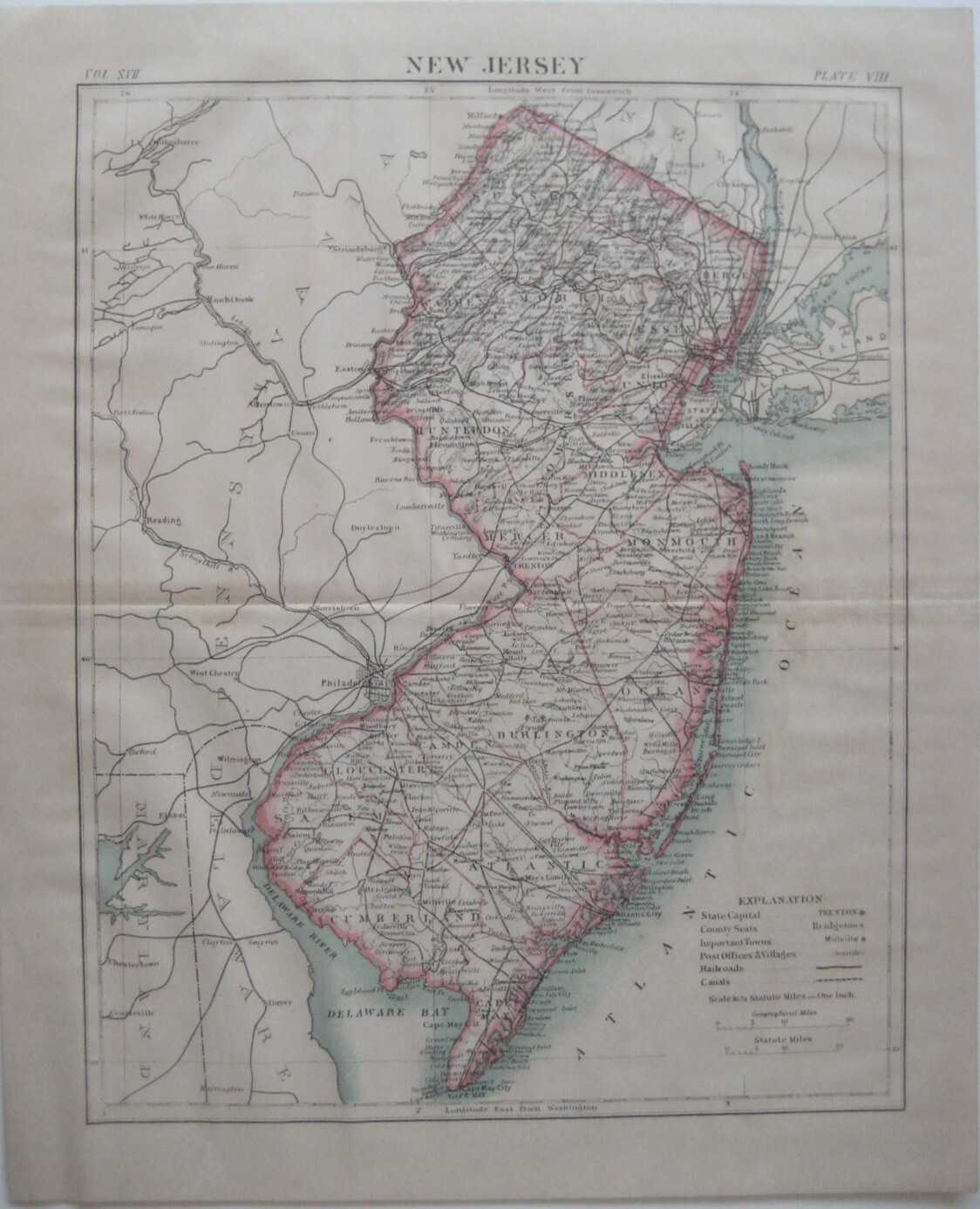 Original 1884 Johnston Map NEW JERSEY Camden Newark Morristown Atlantic City