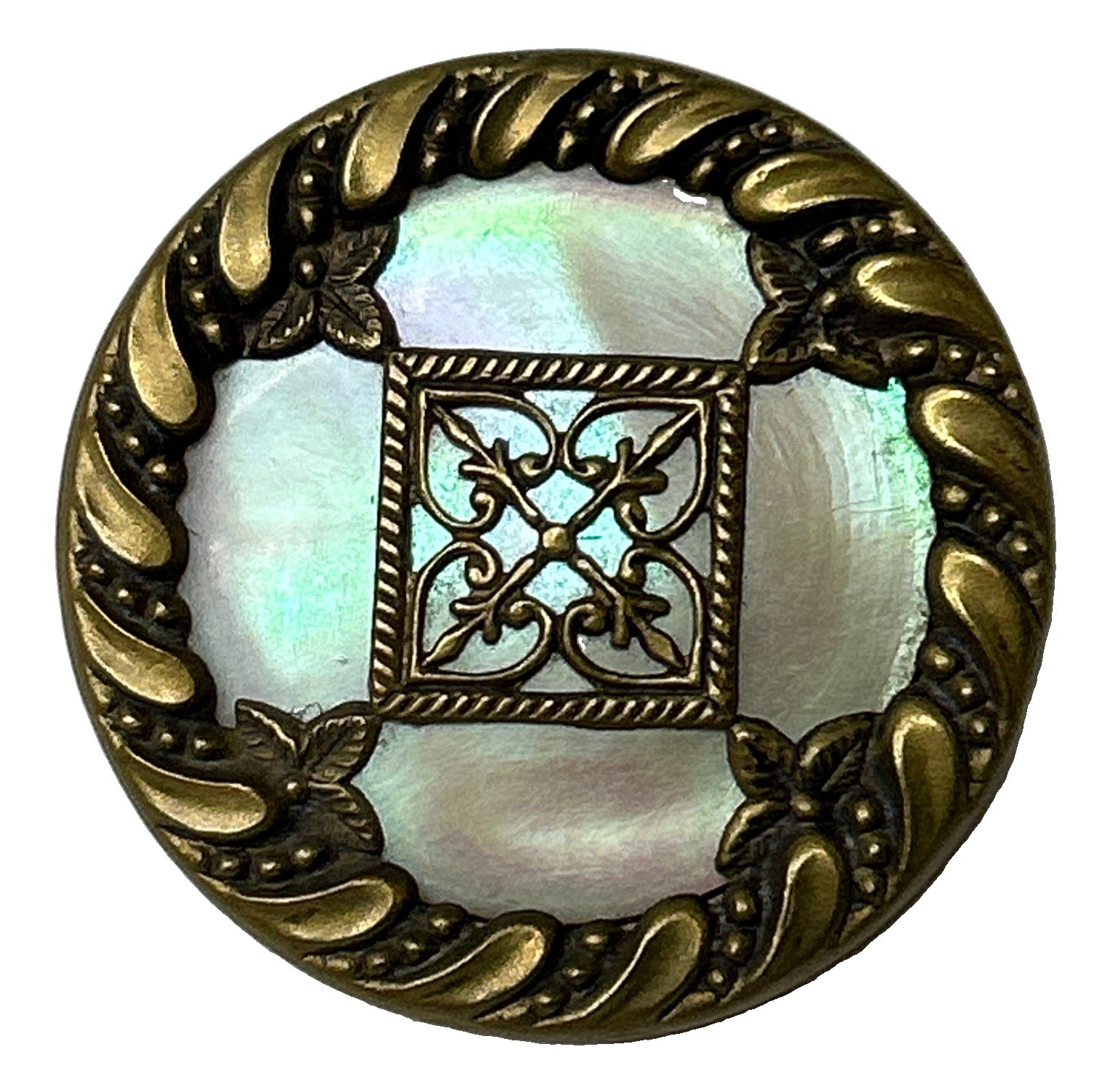 Antique Victorian Mother Of Pearl Brass Shank Button Trefoil And Heart Design