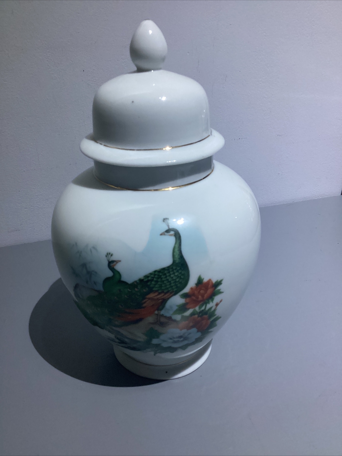 Vintage White Chinese Ceramic Pot with Lid ~ Peacocks & Flowers 8.5” High