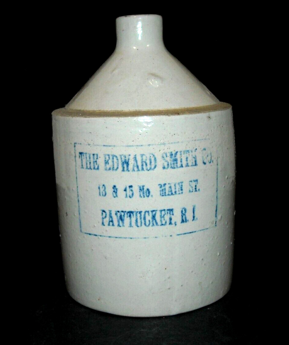EDWARD SMITH – PAWTUCKET, R. I. Small 8 1/2″ Half Gal Advertising Stoneware Jug