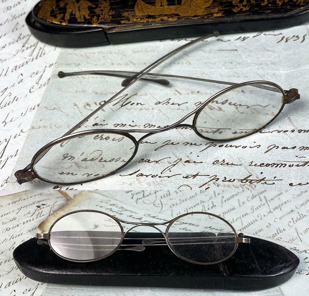 Antique c.1780-1830 Sterling Silver Folding Spectacles, Gold Figural Etui, Case