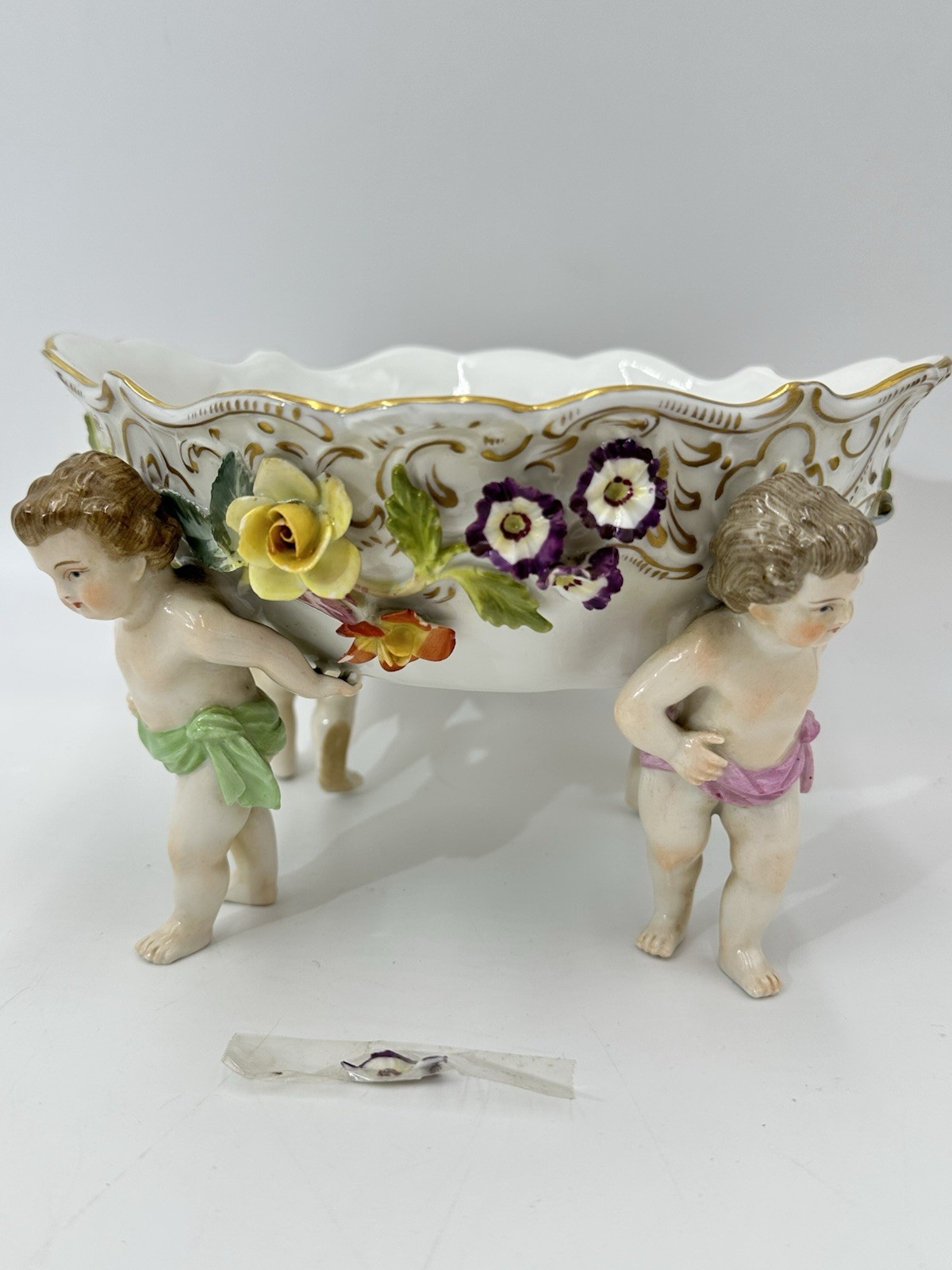 Dresden Porcelain Oval Bowl Germany Von Schierholz Cherubs Centerpiece CHIP
