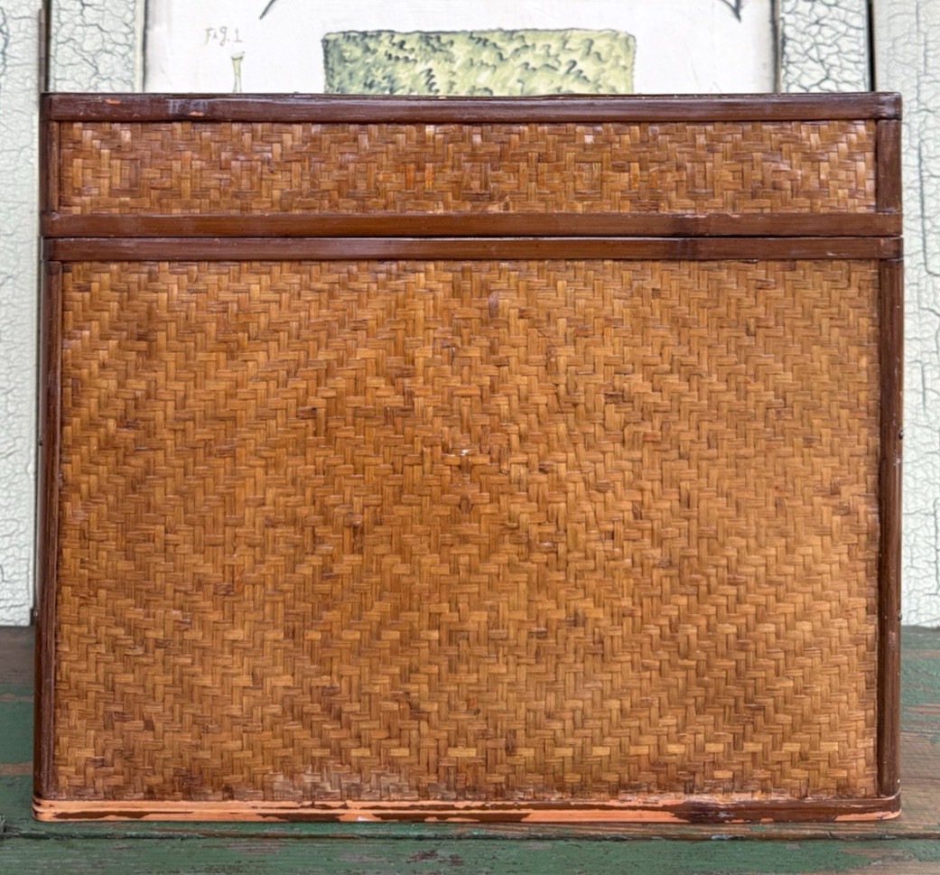 Antique Storage Case Mid 20th Century Rattan Bamboo Box Rustic 13″X11″X5.5″