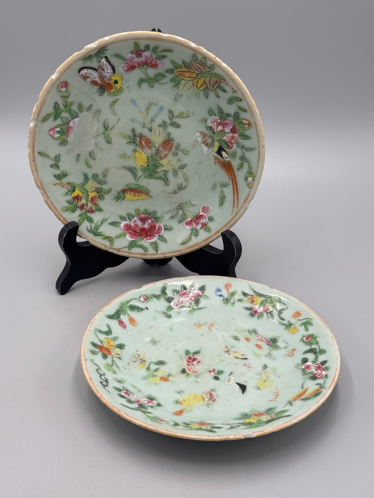 Pair Antique Chinese Qing Celadon Canton Famille Rose Bird Fruit Plates 7”