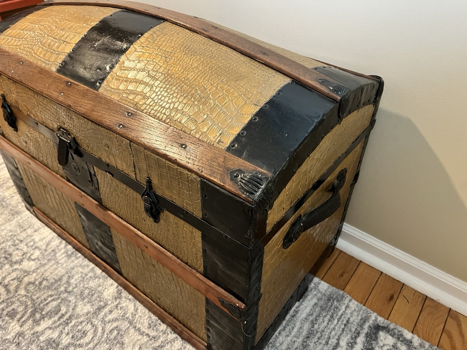 Antique Camelback Steamer Trunk – Alligator, Tin Corners & Wood Banding