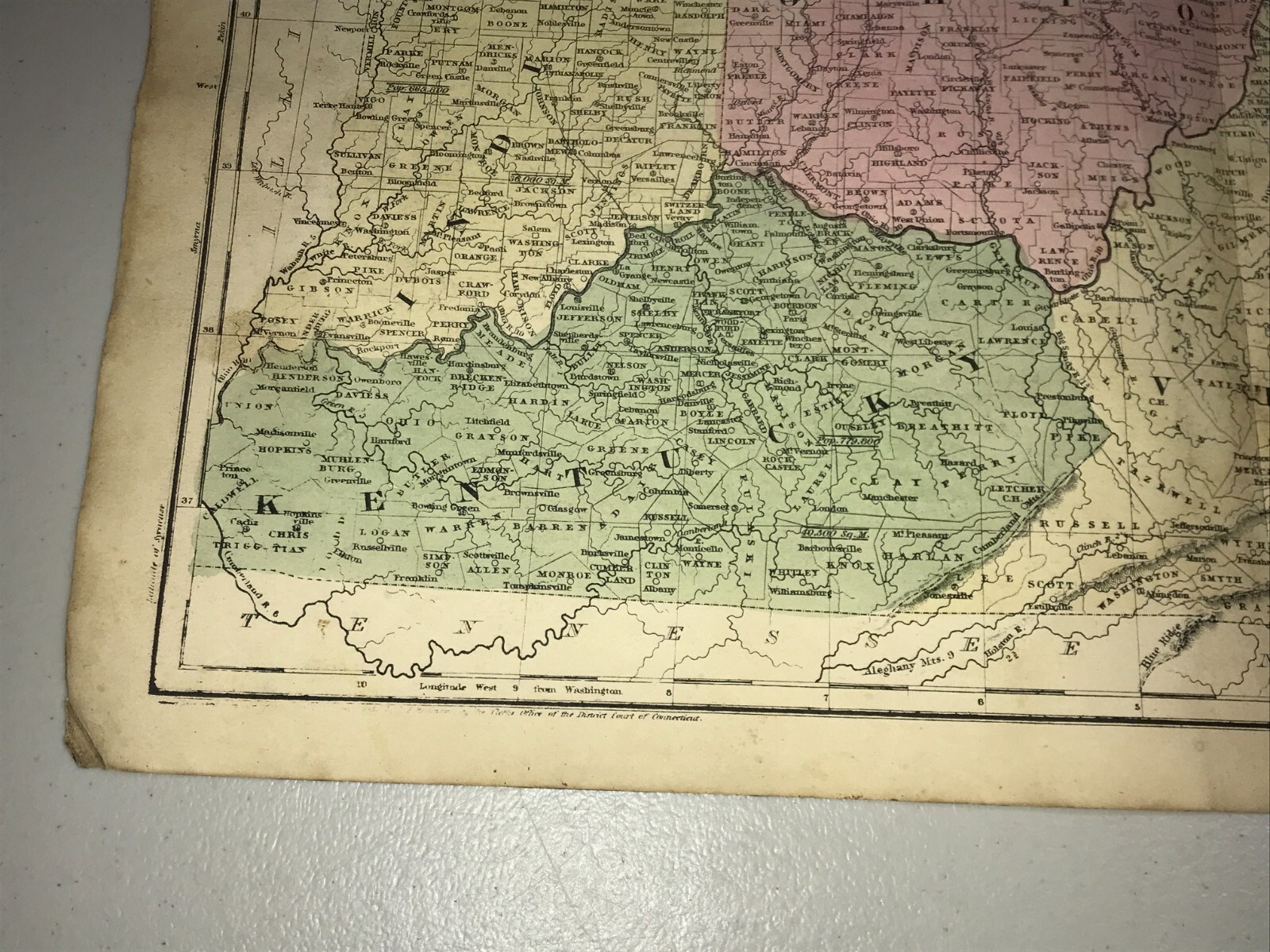1844 Antique Hand Colored Map Central United States Virginia Ohio Indiana PA DE