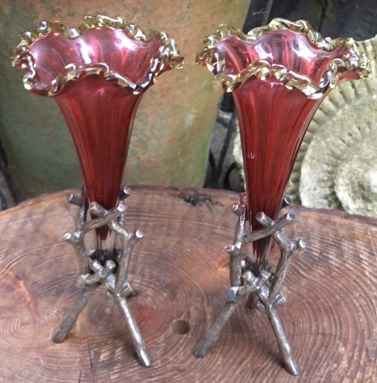 Epergne Antique Victorian fluted ruby glass vases silver plate tripod base 7″
