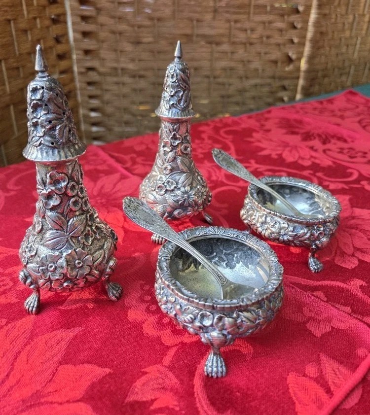 *READ Open Floral Salt Pepper Shakers Footed Schofield Sterling Silver Repousse
