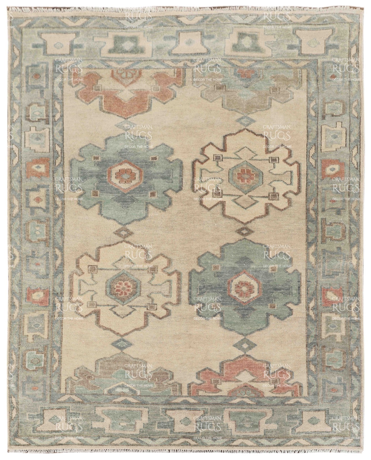 Handwoven Floral Medallion Rug – Geometric Border, 8×10 ft