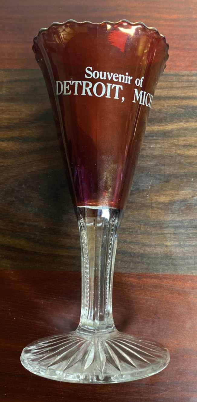 Antique Original DETROIT Michigan Ruby Red Flash Souvenir Glass VASE 6 1/4″ Tall