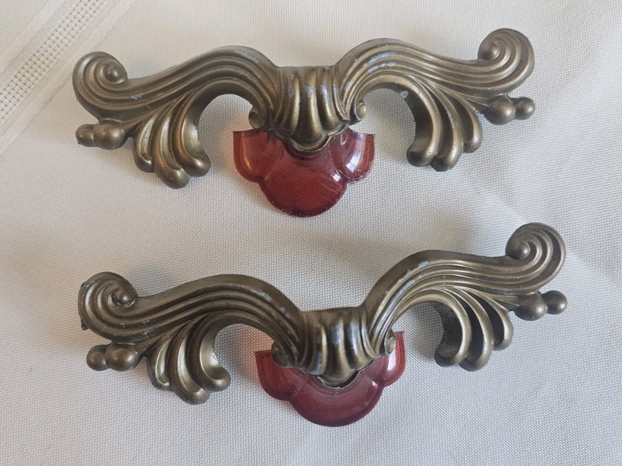 2 VTG Art Deco (5 1/4″) Metal/Brass/Marbled Celluloid Drawer or Cabinet Pulls