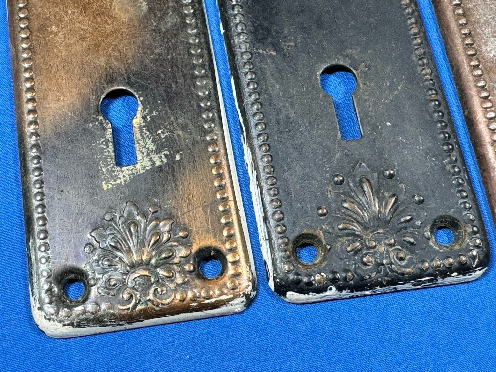 3 C.1910 Door Knob Backplates, Matching Art Nouveau Design 5 3/4″ x 1 7/8″