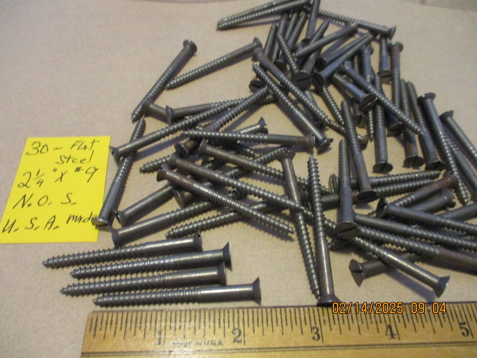 30—NEW-OLD STOCK, SLOTTED FLAT HEAD STEEL WOOD SCREWS 2 1/4″ LONG X #9=11/6″