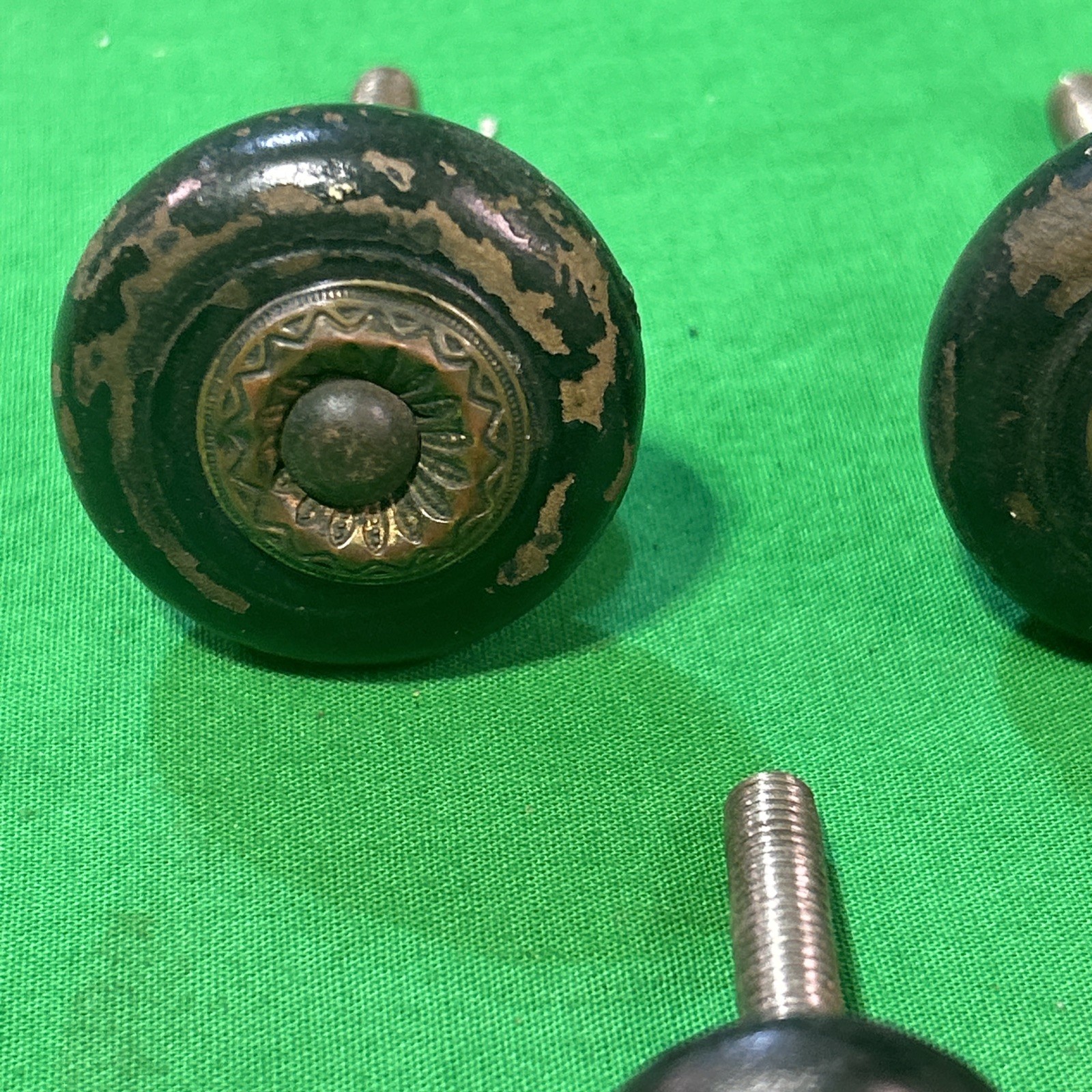 Five Antique Wood Furniture Knobs Black Painted Drawer Pulls Eastlake Victorian
