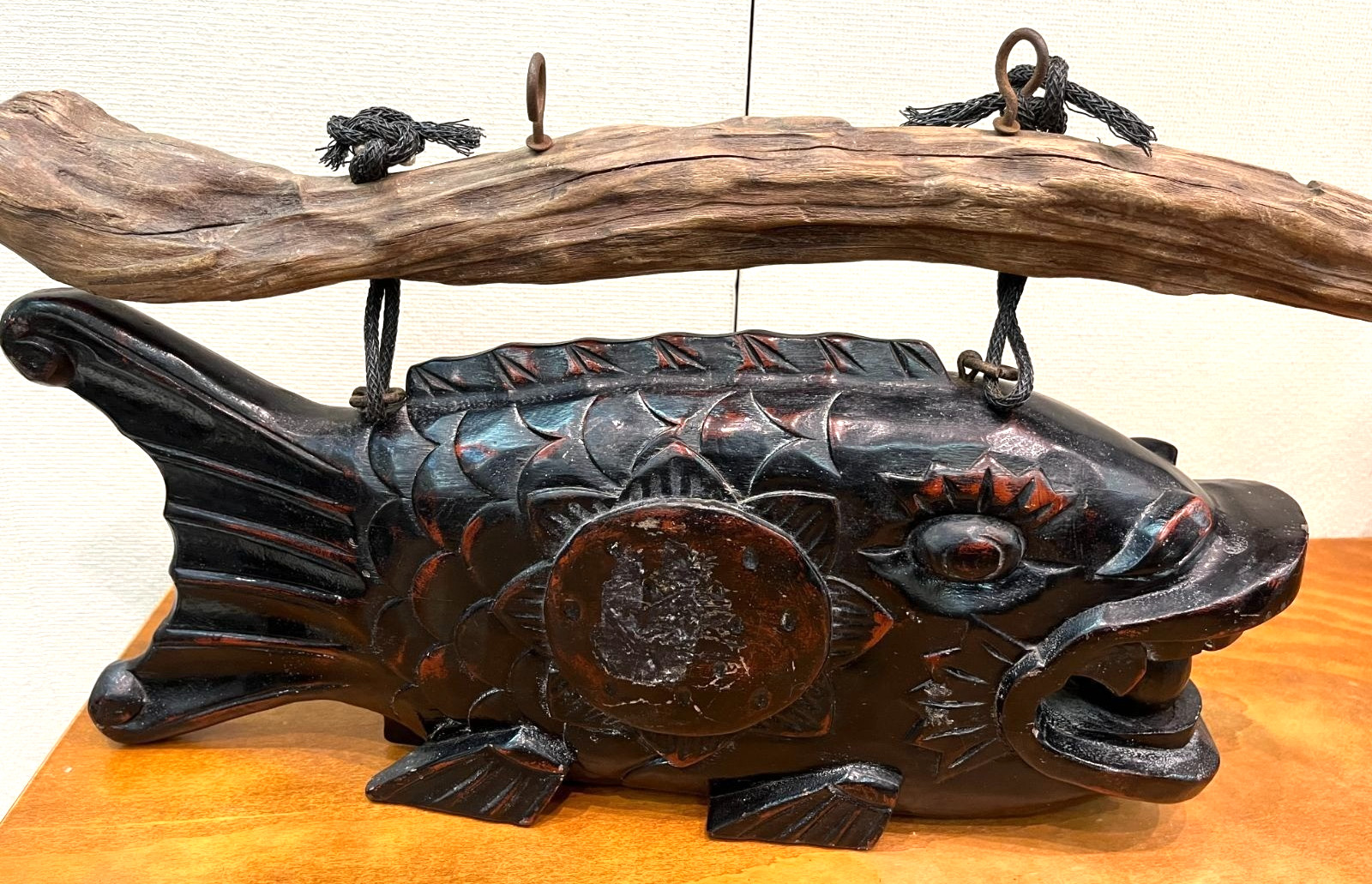Vintage Japanese Wooden Fish Drum Mokugyo Gyoban Buddhism L50×21cm No Drumstick