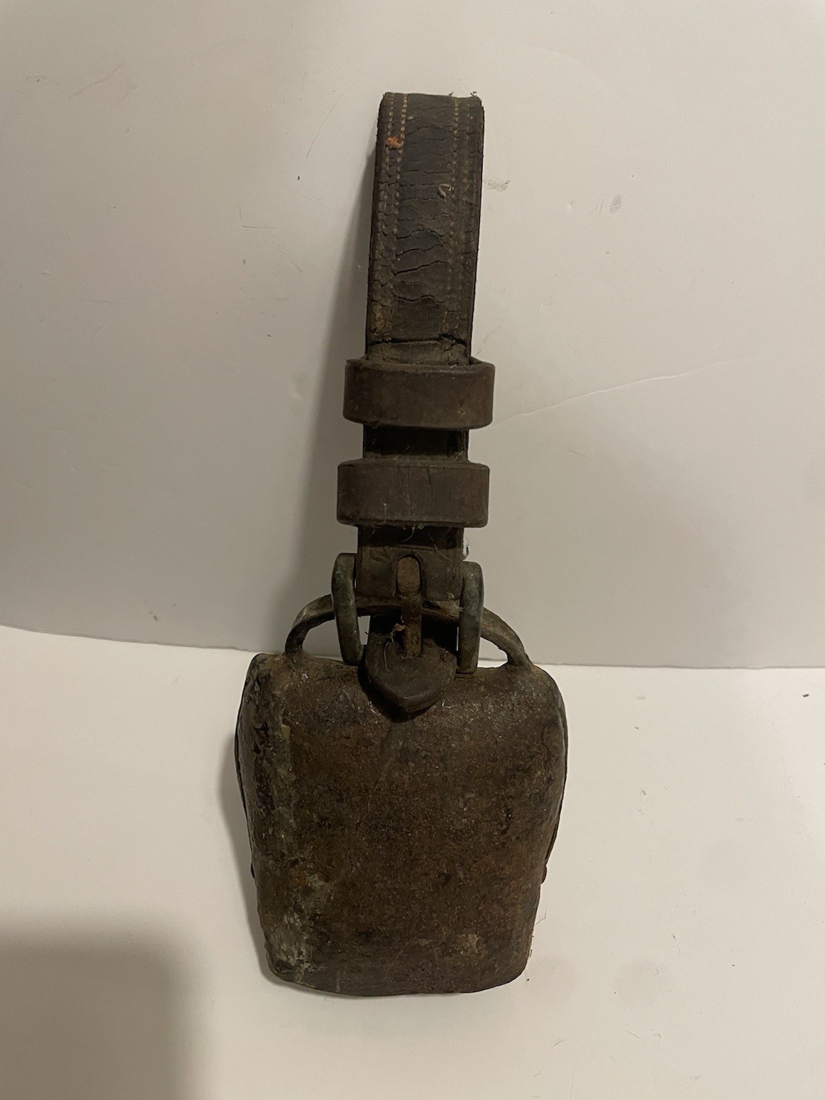 Antique Very Large Cow Bell with Leather Strap Rustic Old Vintage Metal
