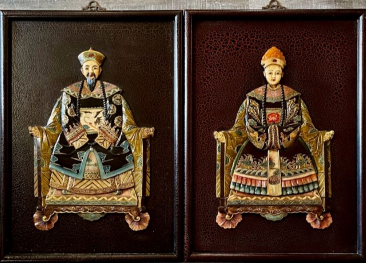 Pair Vintage Chinese Ancestor Inlaid Hand Carved Hardstone Wood Panels Plaques
