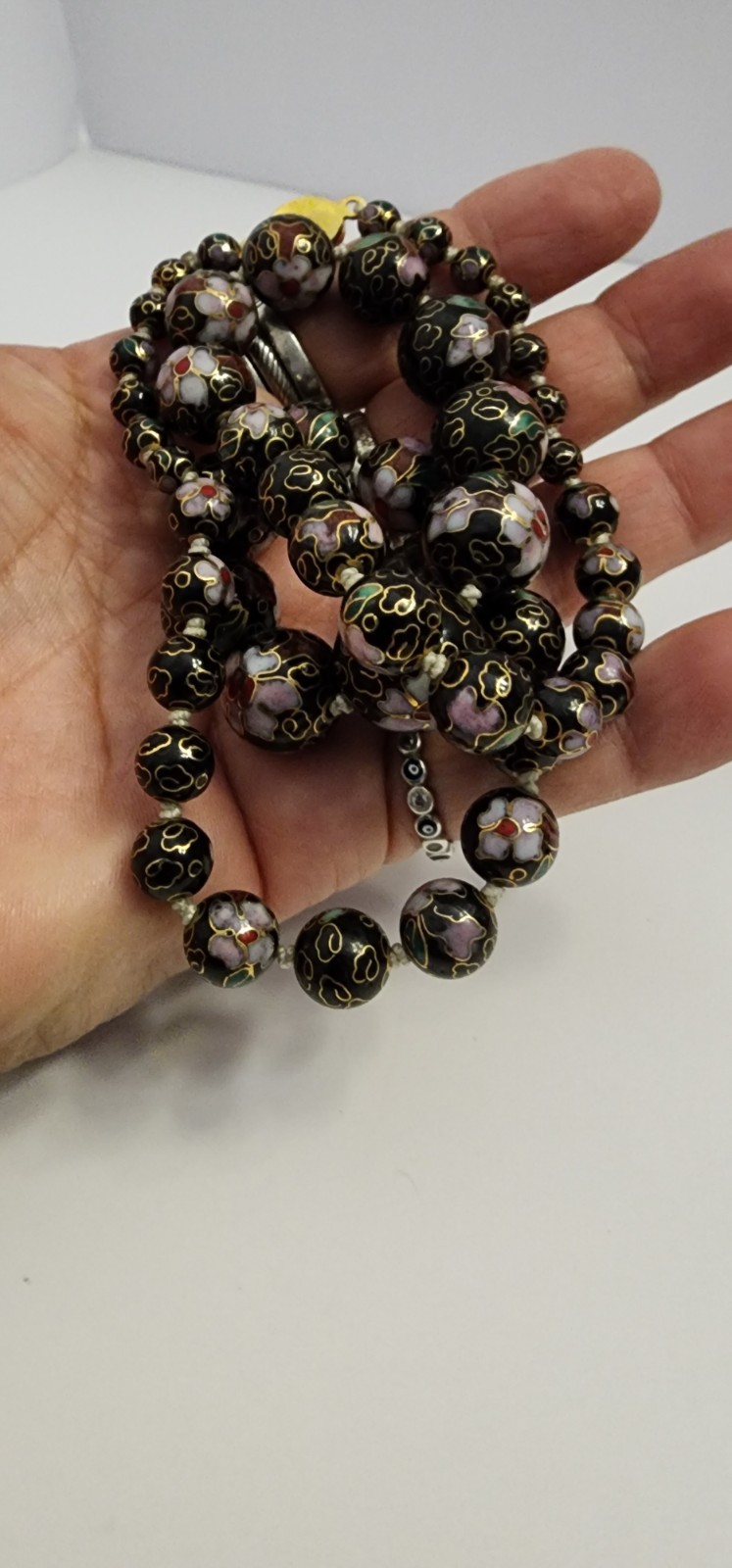Vintage Chinese Export Cloisonne Black Floral Enamel Knotted Beaded Necklace