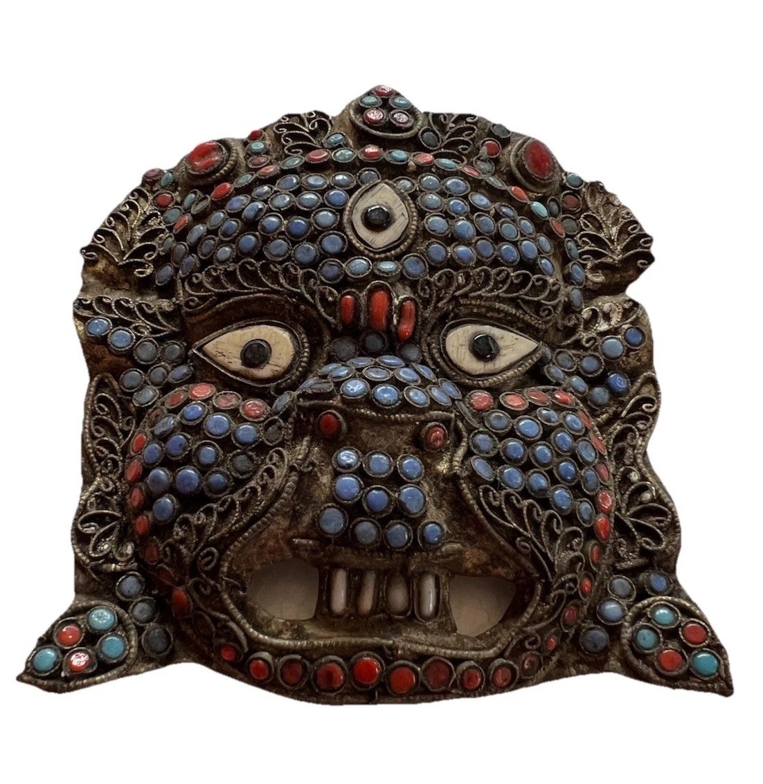 Antique Tibetan Buddhist Brass Inlay Mask of Mahakala, Late 1800s/early 1900s