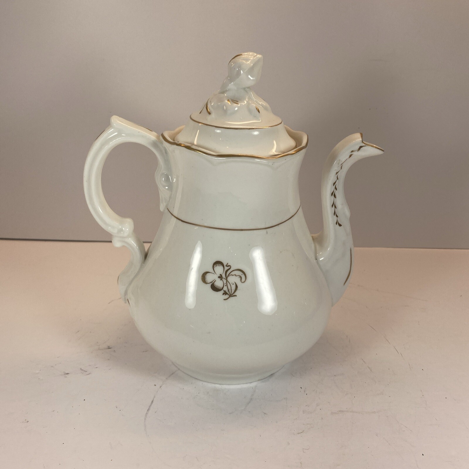 Antique White/Gold Gilded Ironstone Earthenware Tea Pot Unmarked 9″Tall