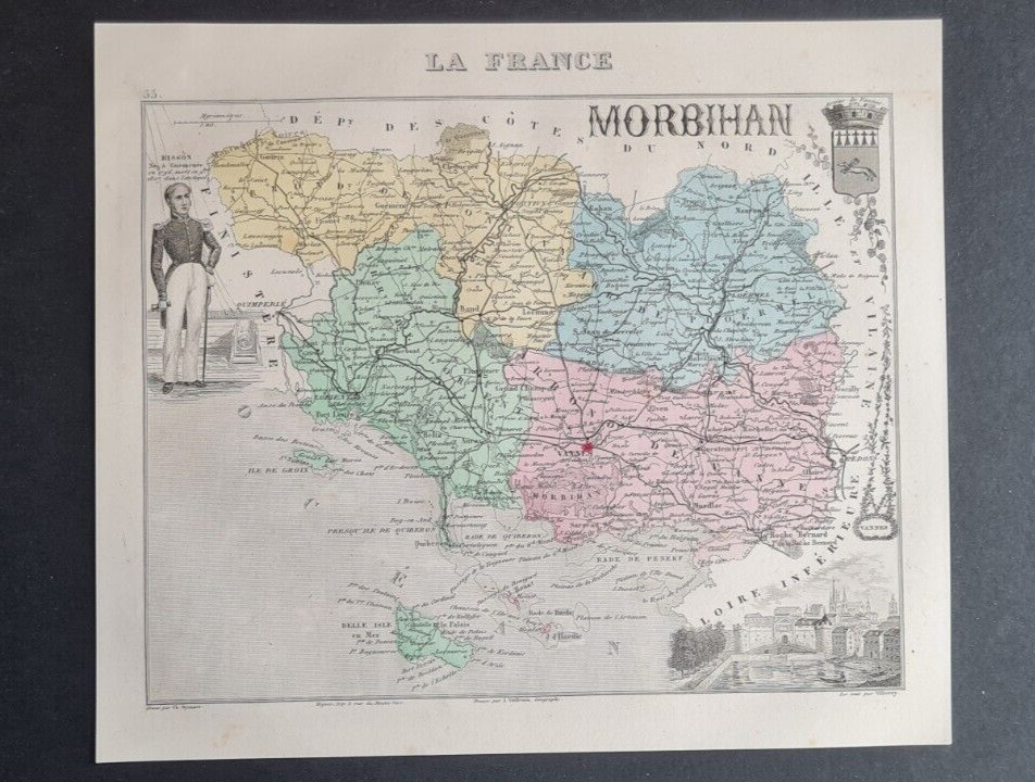 Antique (1882) map – Morbihan – Vannes – Brittany – France – Vuillemin