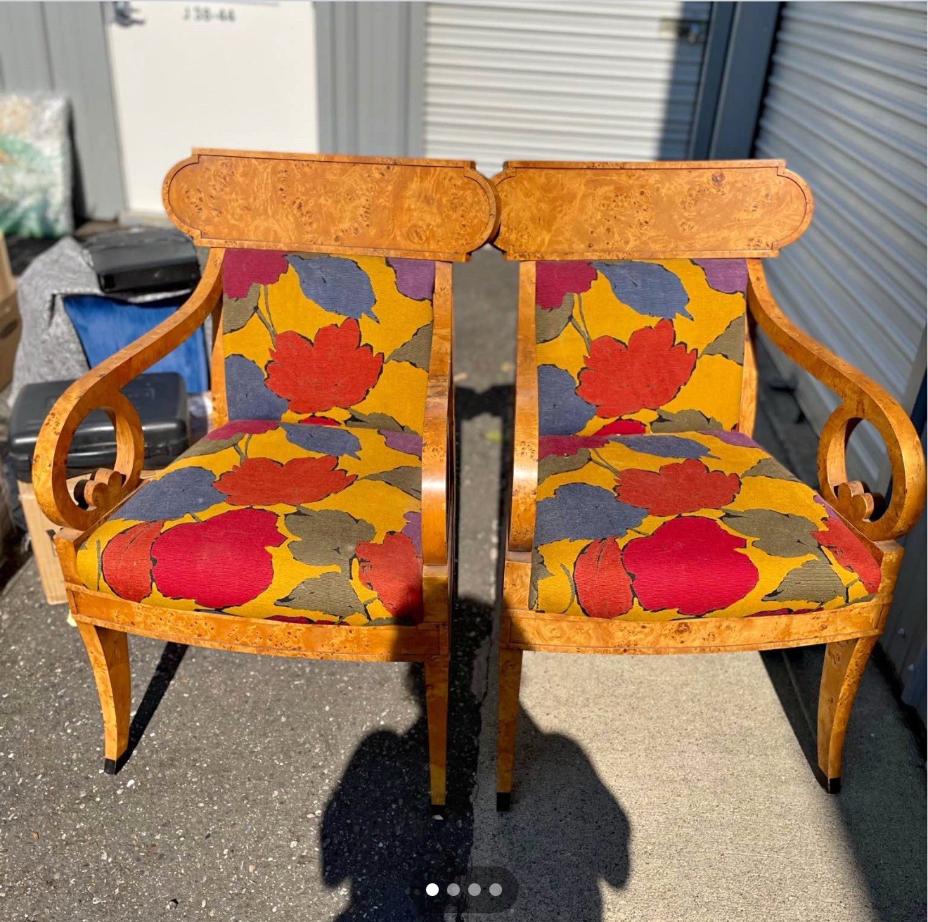 Pair of Vintage Baker occasional chairs. Regency style with beautiful burl wood
