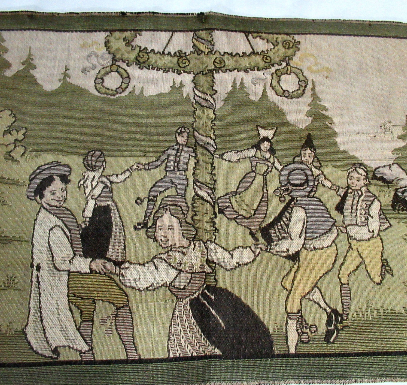 Vtg Tapestry 50″ Maypole Dance Children Boat Musician Grey-Green
