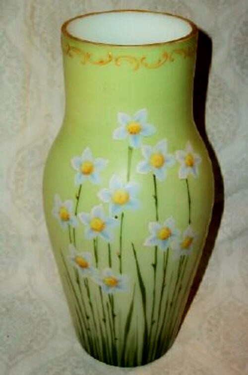 Victorian White Opalescent Glass Vase HP Moriage Floral Gilt 1890s Milk Glass