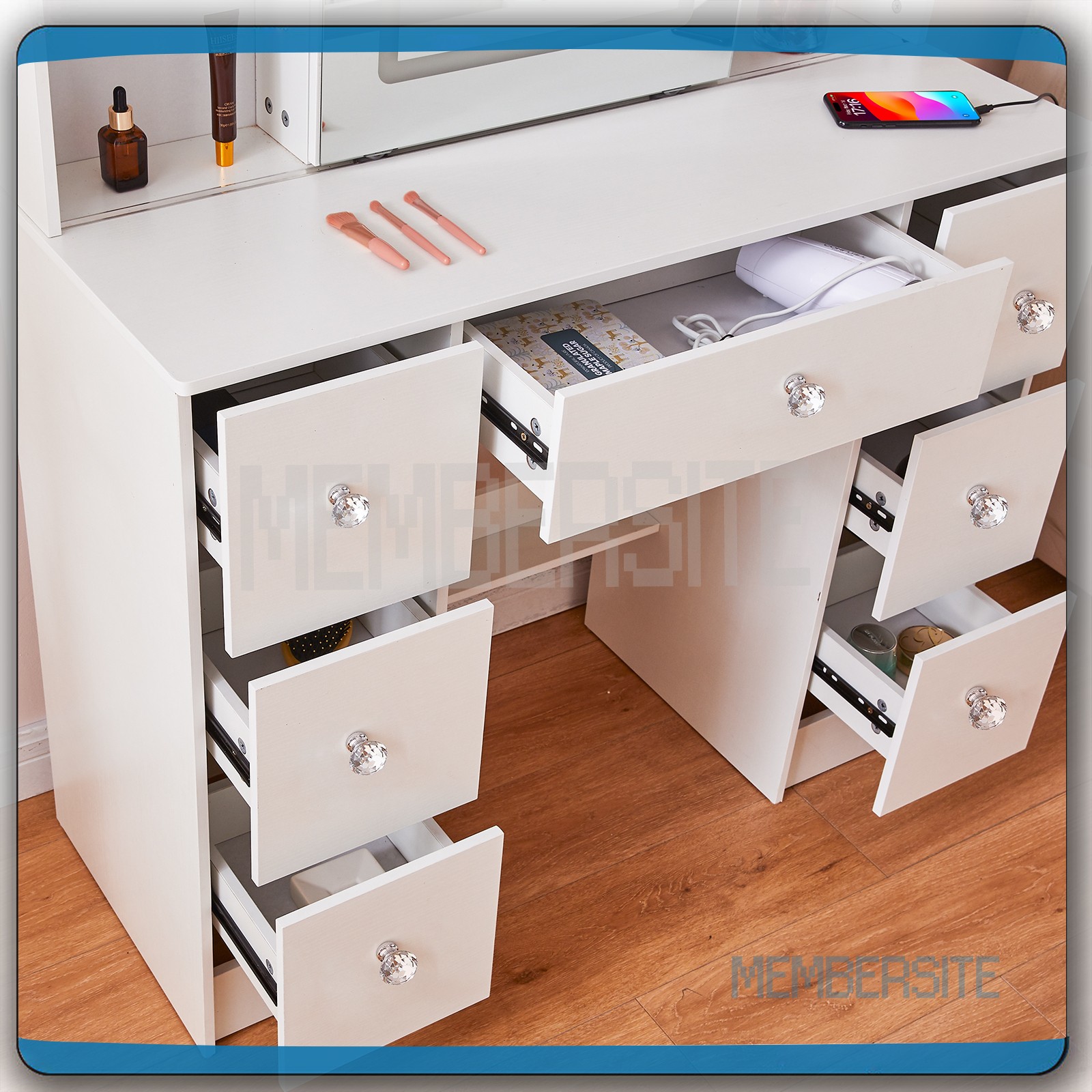 Vanity Table with Smart LED Sliding Mirror Makeup Vanity w/ 7 Drawers 9 Shelves