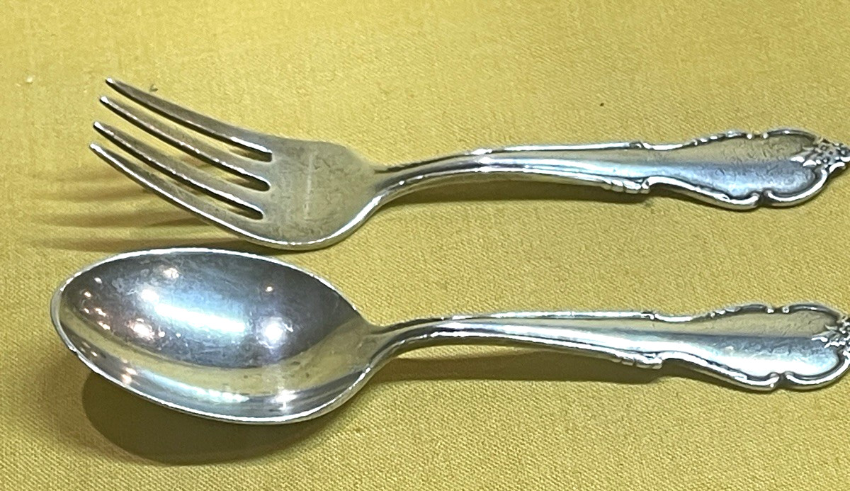 Antique Rogers Breton Rose Sterling Silver Baby Infant Spoon Fork Feeding Set