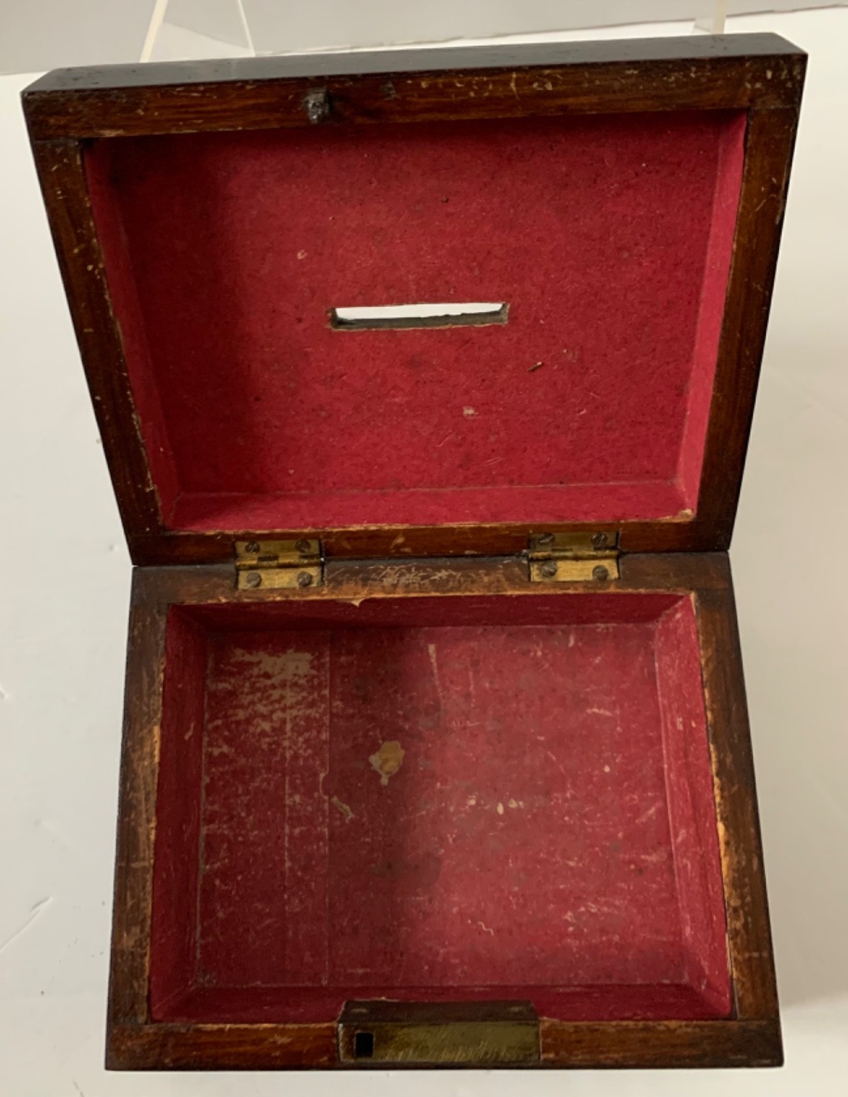 ANTIQUE WOODEN MONEY BOX JEWELLERY TRINKET VINTAGE WOOD SLOT TOP OLD CHEST