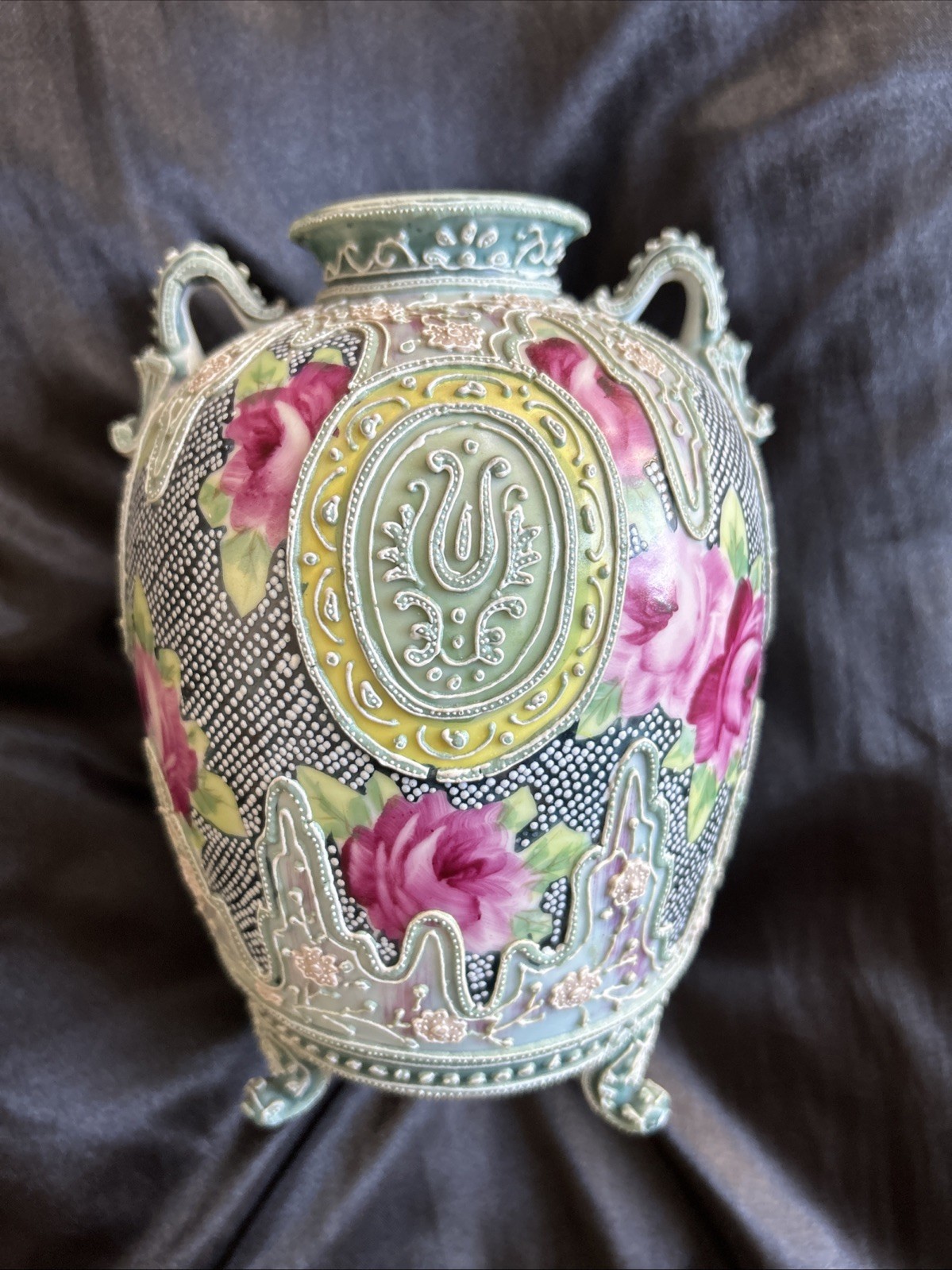 Unsigned Nippon Japan Moriage – Footed Handled Floral Rose Vase 7”
