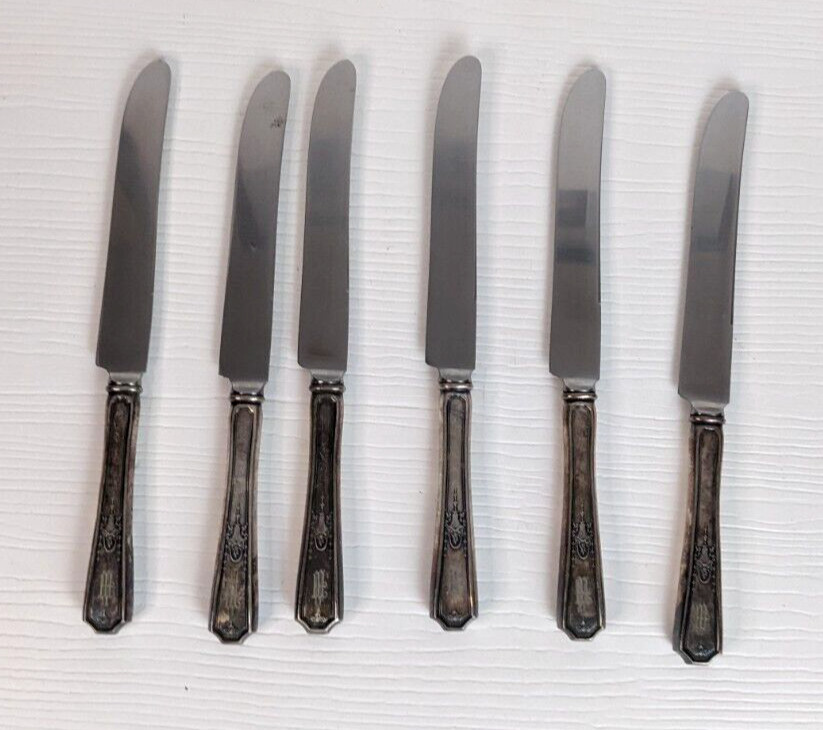 Stratford silverplated handle set of 6 KNIFES vintage monogramed M on handle