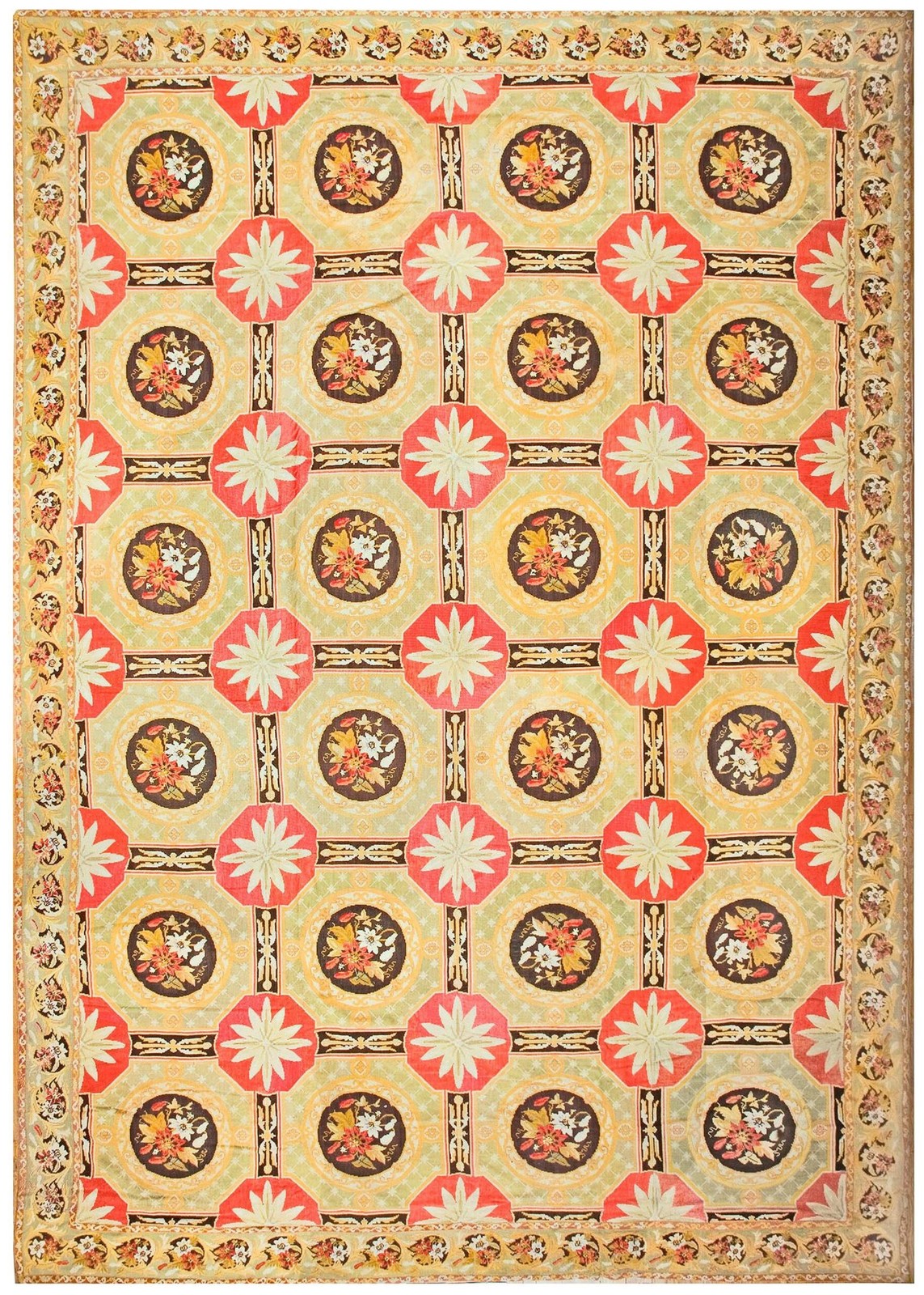 Antique French Needlepoint Carpet Green, Yellow, Pink, Formal Design, 1870s