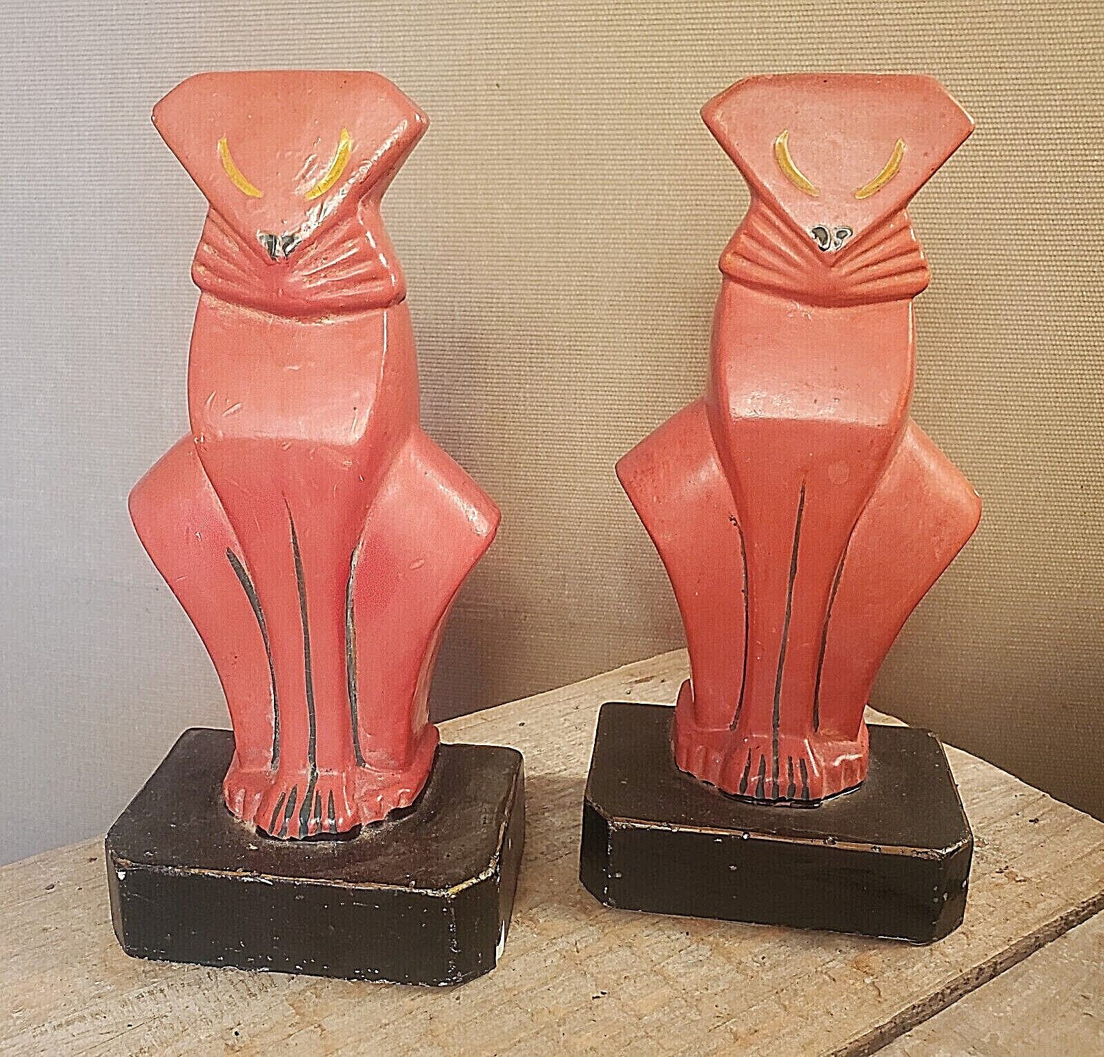 Cat bookends ORANGE mid century modern Bruitalist carnival style chalk ware vtg