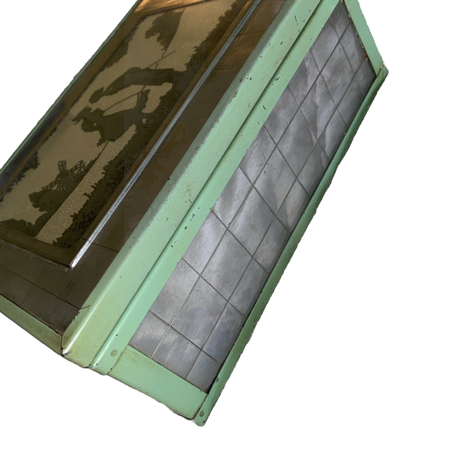 ART DECO CHROMIUM DRESSER JEWELRY BOX SILHOUETTE GREEN METAL WOOD INTERIOR 1920s
