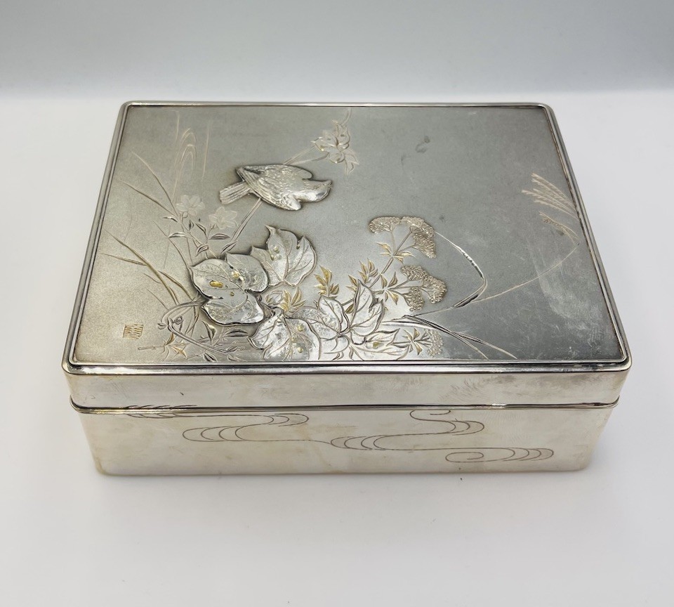 Japanese Signed Antique Sterling Silver Audubon Bird Wood Lacquer Interior Box